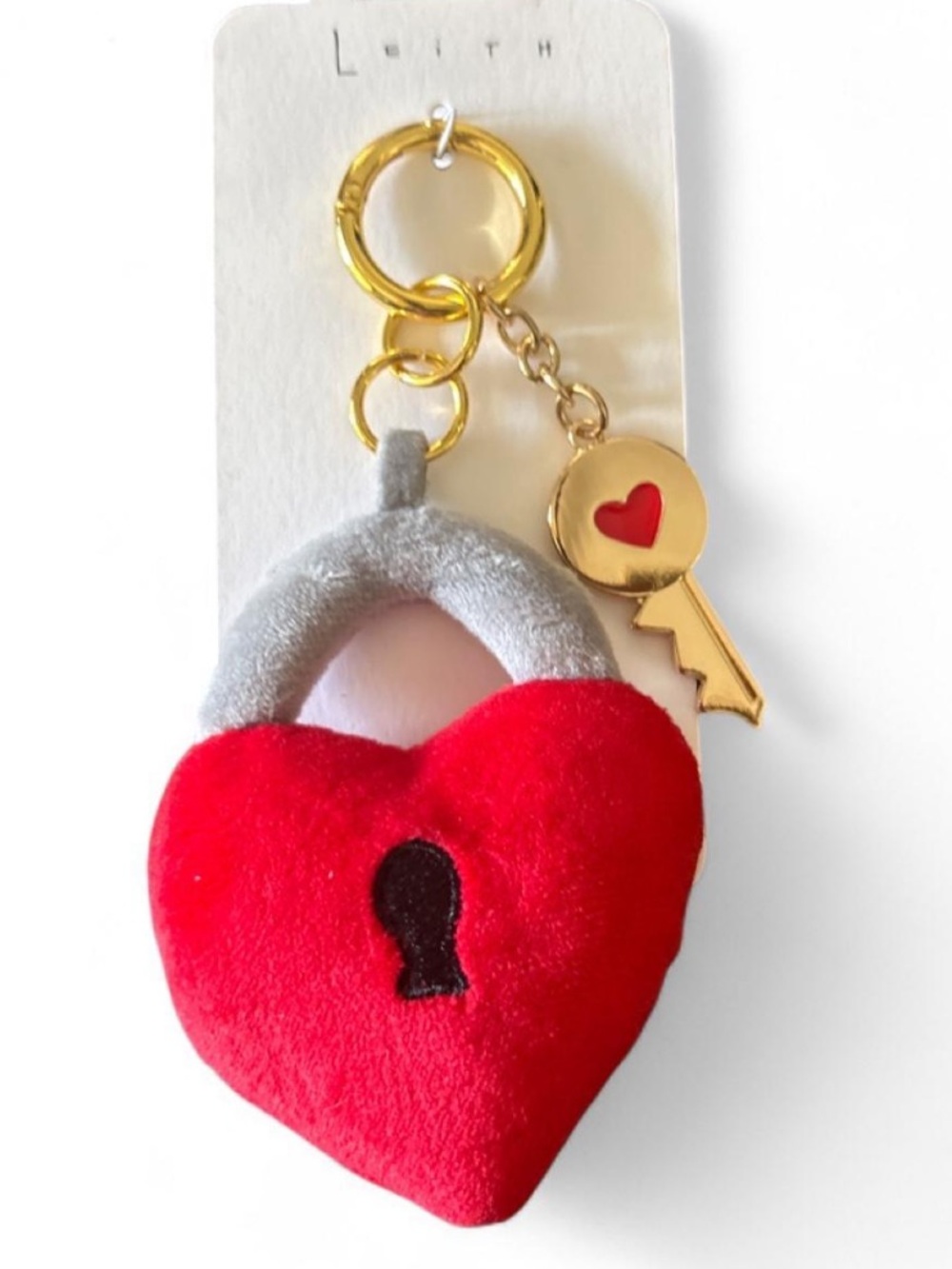 Leith Red Heart Lock Plush Keychain with Gold Key Charm